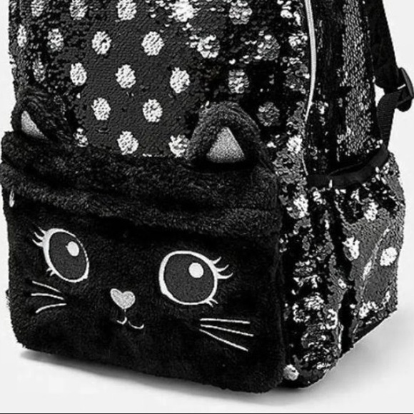 Justice Black Cat Kitty Flip Sequins Backpack Bag